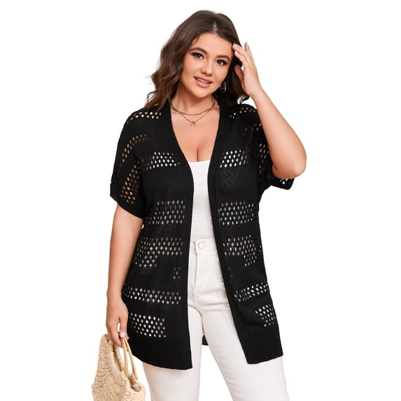 Women Short Sleeve Crochet Cardigan Plus Size, Open Front Knit Cover-Up