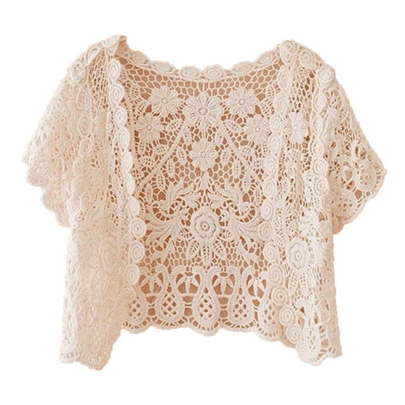 Women Short Sleeve Crochet Shrugs Hollow Out Flower Lace Open Front Cropped Cardigan Sunscreen Scalloped Bolero Jacket