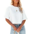 thumbnail image 1 of Women Short Sleeve Cropped T Shirt Round Neck Solid Color Crop Tops, 1 of 2