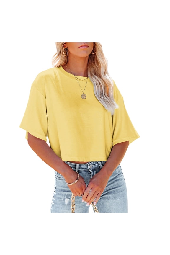 Women Short Sleeve Cropped T Shirt Round Neck Solid Color Crop Tops