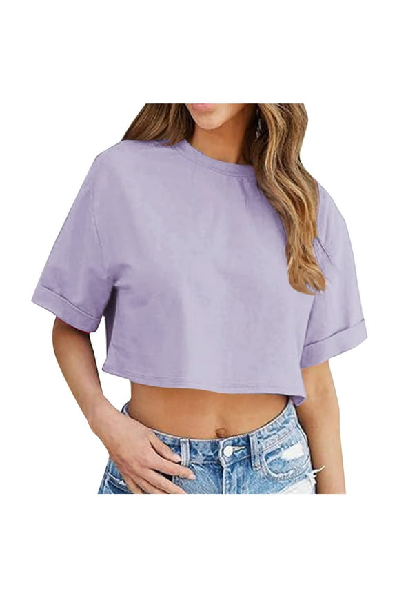 Women Short Sleeve Cropped T-Shirts Drop Shoulder Round Neck Crop Tops Casual Summer Solid Color Basic Pullover Tees