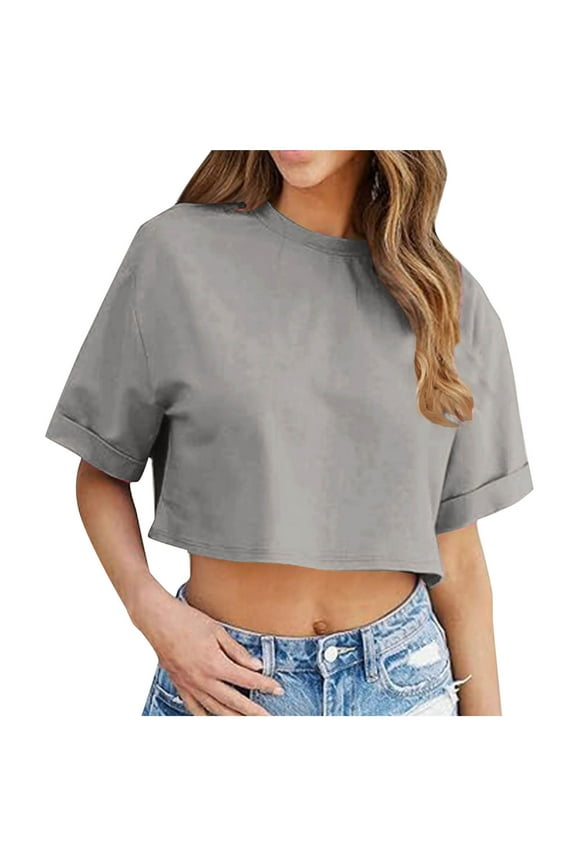 Women Short Sleeve Cropped T-Shirts Drop Shoulder Round Neck Crop Tops Casual Summer Solid Color Basic Pullover Tees