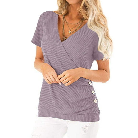 Women Short Sleeve Crossed Surplice Button Tops