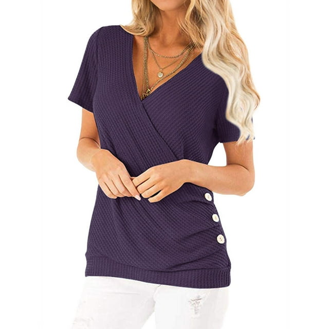 Women Short Sleeve Crossed Surplice Button Tops
