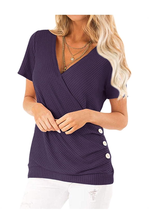 Women Short Sleeve Crossed Surplice Button Tops