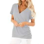 Women Short Sleeve Crossed Surplice Button Tops