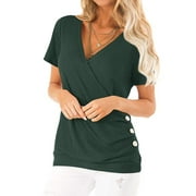 Women Short Sleeve Crossed Surplice Button Tops