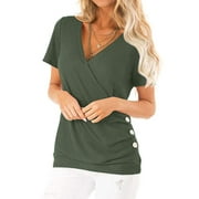 Women Short Sleeve Crossed Surplice Button Tops