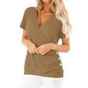 Women Short Sleeve Crossed Surplice Button Tops