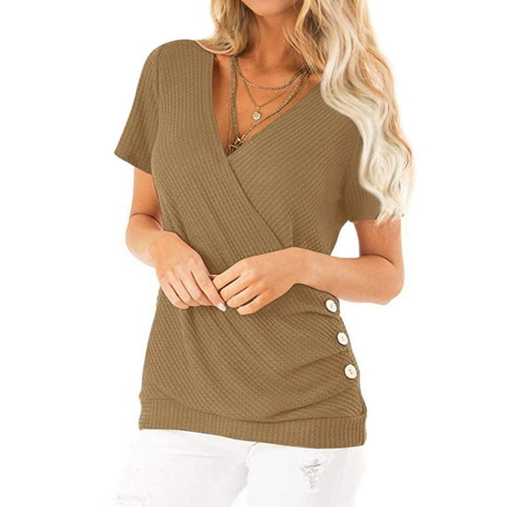 Women Short Sleeve Crossed Surplice Button Tops