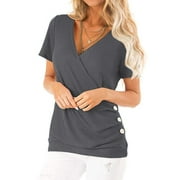 Women Short Sleeve Crossed Surplice Button Tops