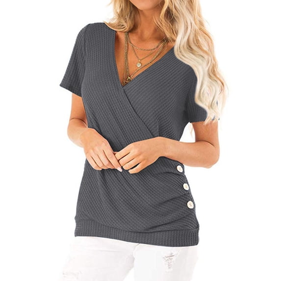Women Short Sleeve Crossed Surplice Button Tops