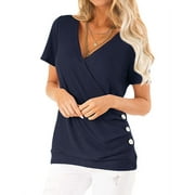 Women Short Sleeve Crossed Surplice Button Tops