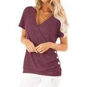 SLADYGLO Women Short Sleeve Crossed Surplice Button Tops