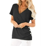 SLADYGLO Women Short Sleeve Crossed Surplice Button Tops