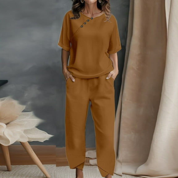 Women Short Sleeve Decorate Button Solid T Shirt Top Blouse And Long Pants Trousers 2 Piece Set Outfit Women Holiday Outfits Snow Pants Womens Overall Dresses for Women Elegant plus Size Juniors Suits
