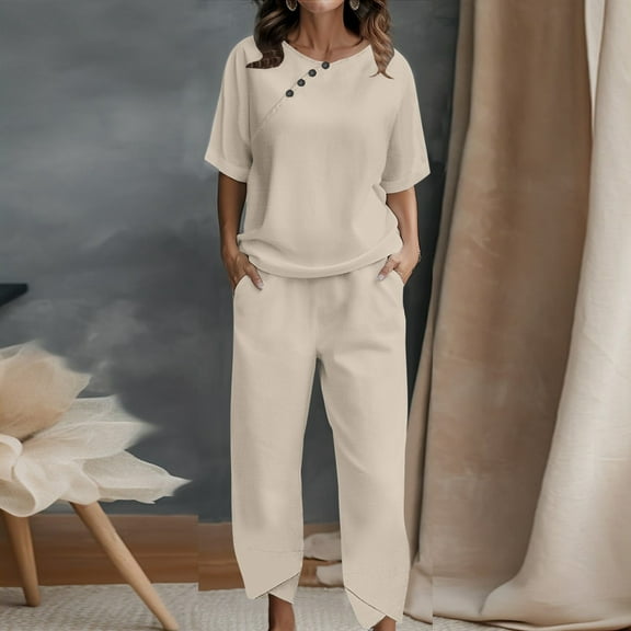 Women Short Sleeve Decorate Button Solid T Shirt Top Blouse And Long Pants Trousers 2 Piece Set Outfit Women Holiday Outfits Snow Pants Womens Overall Dresses for Women Elegant plus Size Juniors Suits