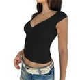thumbnail image 1 of Women Short Sleeve Deep V Neck Slim Fitted Crop Top Basic Solid Plain Bodycon Blouses T-Shirt Undershirt, 1 of 9