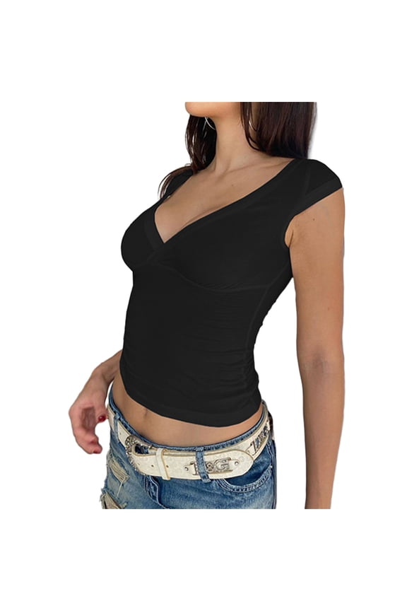Women Short Sleeve Deep V Neck Slim Fitted Crop Top Basic Solid Plain Bodycon Blouses T-Shirt Undershirt