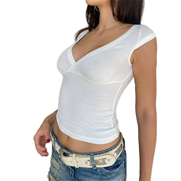 Women Short Sleeve Deep V Neck Slim Fitted Crop Top Basic Solid Plain Bodycon Blouses T-Shirt Undershirt