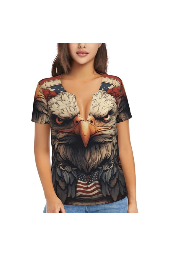 Women Short Sleeve Deep V Neck Tops T-Shirts Summer Tees, American Flag United States Navy Eagle