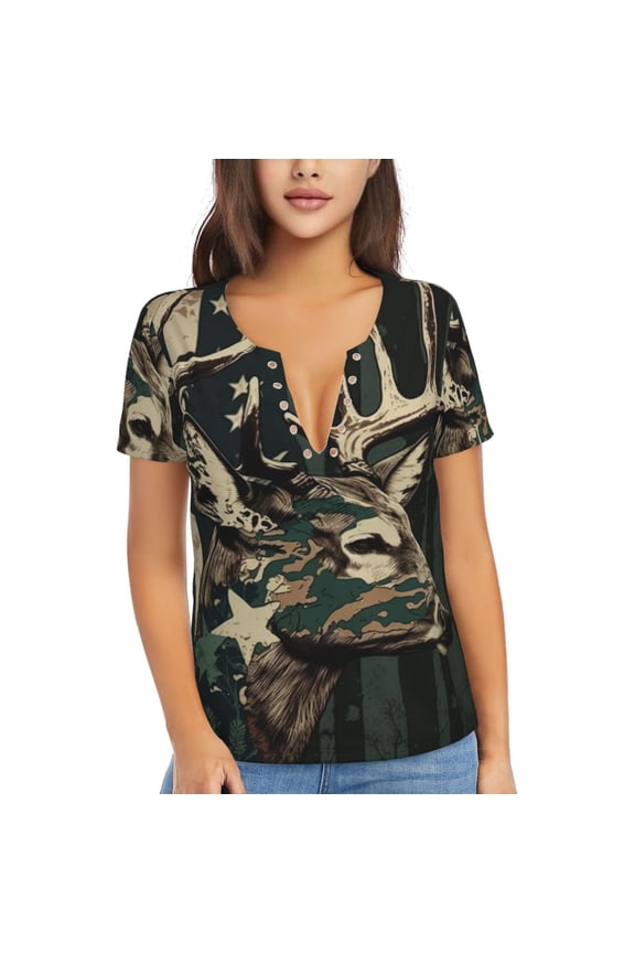Women Short Sleeve Deep V Neck Tops T-Shirts Summer Tees, Deer Camo American Flag Camouflage