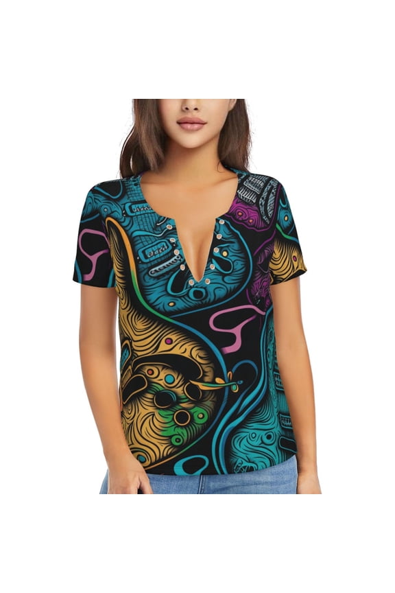Women Short Sleeve Deep V Neck Tops T-Shirts Summer Tees, Electric Guitars Rock Music Colorful