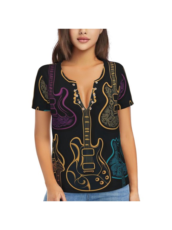 Women Short Sleeve Deep V Neck Tops T-Shirts Summer Tees, Electric Guitars Rock Music