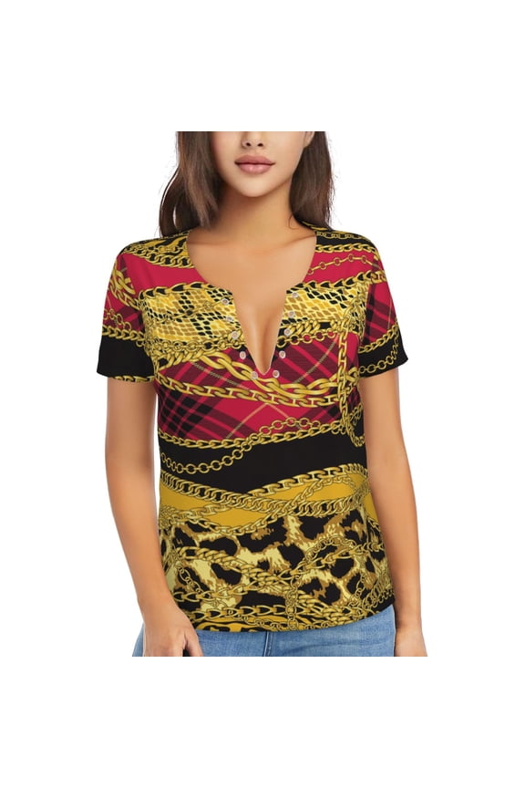 Women Short Sleeve Deep V Neck Tops T-Shirts Summer Tees, Gold Chains Leopard Snake Skin Scottish Tartan