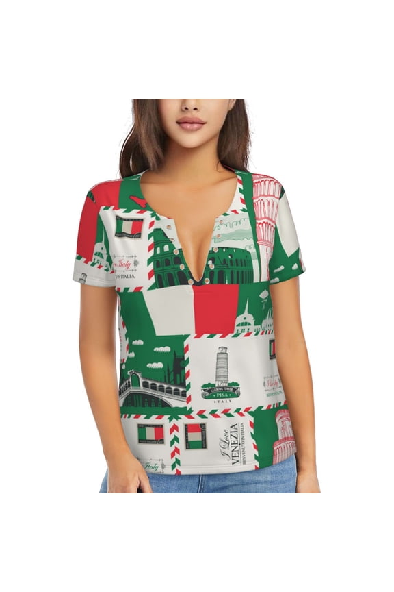 Women Short Sleeve Deep V Neck Tops T-Shirts Summer Tees, Italian Flag Italy Map Vintage Envelope