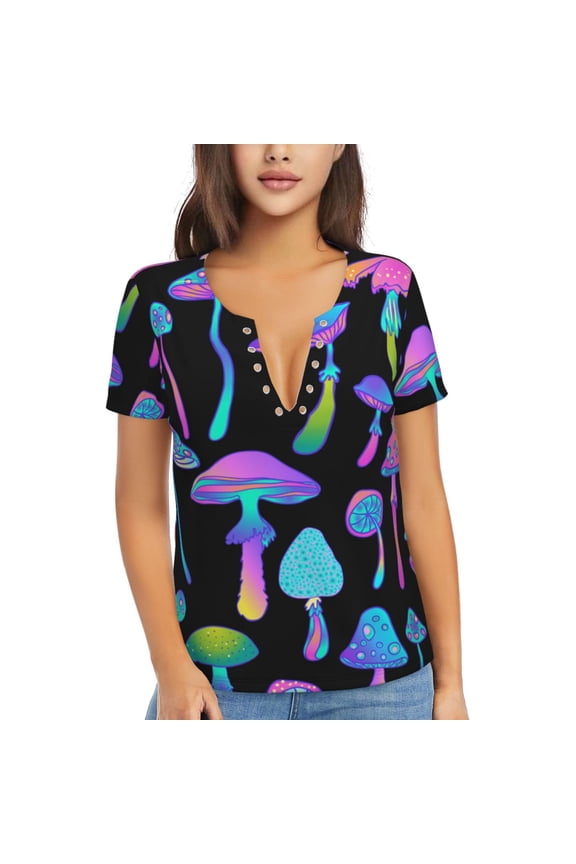 Women Short Sleeve Deep V Neck Tops T-Shirts Summer Tees, Magic Mushrooms Psychedelic