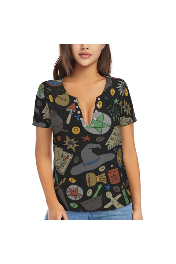 Women Short Sleeve Deep V Neck Tops T-Shirts Summer Tees, Magic Skull Pentagram Witches Tarot