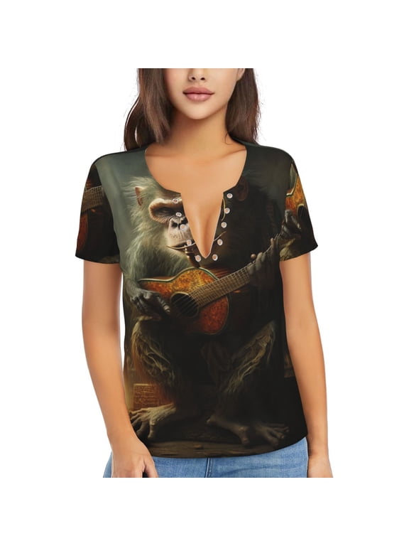 Women Short Sleeve Deep V Neck Tops T-Shirts Summer Tees, Monkey Playing Guitar Funny