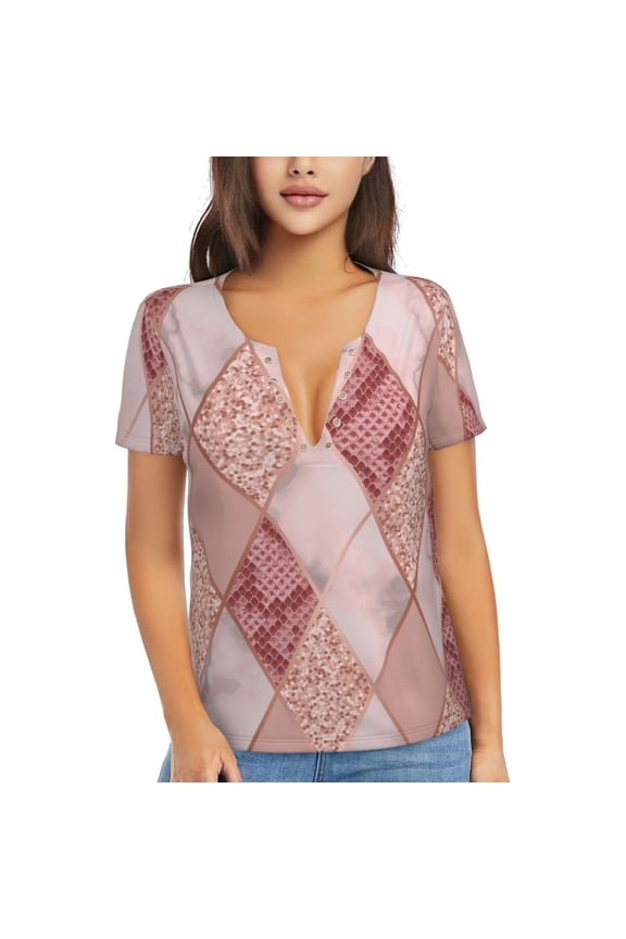 Women Short Sleeve Deep V Neck Tops T-Shirts Summer Tees, Rose Gold Marble Snakeskin Geometric