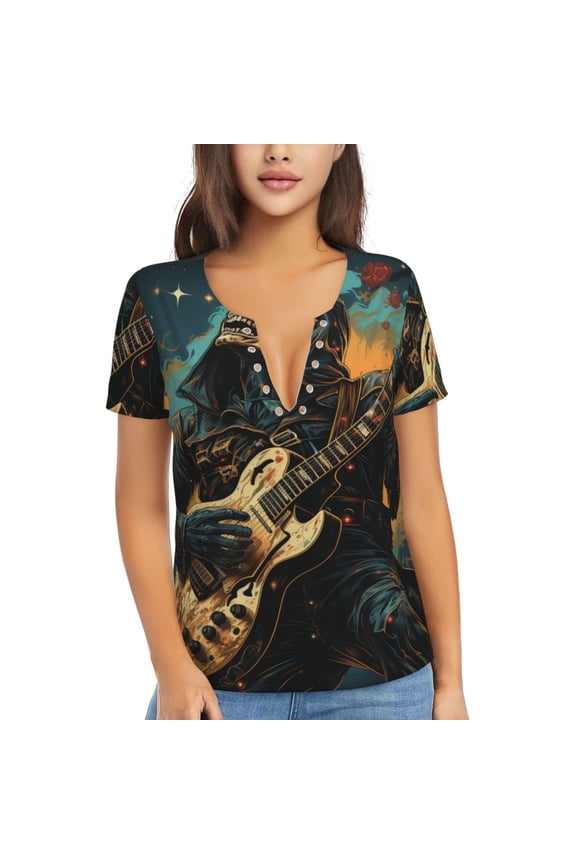 Women Short Sleeve Deep V Neck Tops T-Shirts Summer Tees, Skull Playing Guitar Heavy Metal Rock Skeleton