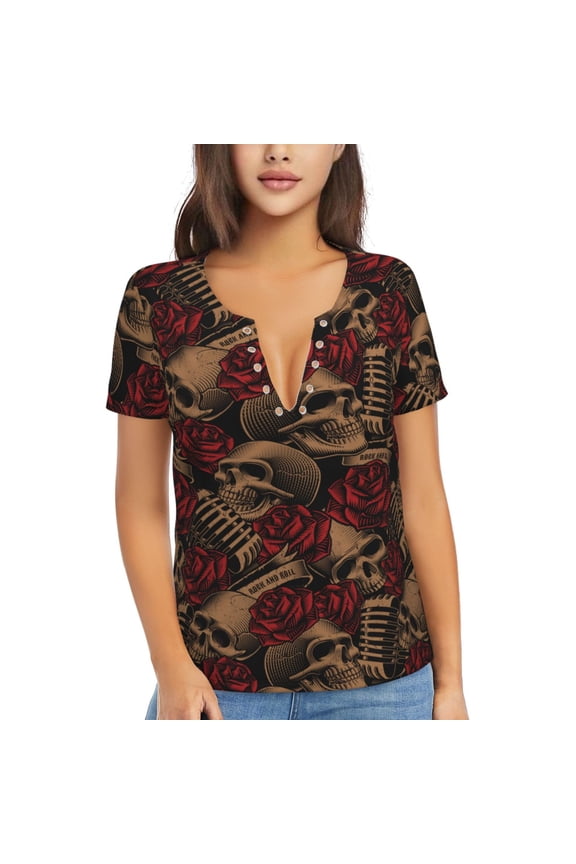 Women Short Sleeve Deep V Neck Tops T-Shirts Summer Tees, Skulls Microphones Roses Rock