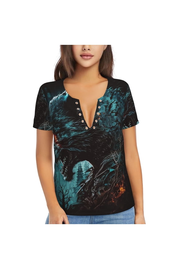 Women Short Sleeve Deep V Neck Tops T-Shirts Summer Tees, Werewolf Howling Night Cool Wolf