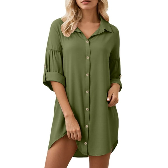 Women Short Sleeve Dress Polyester Shirt Dress with Pockets Casual Summer Dress
