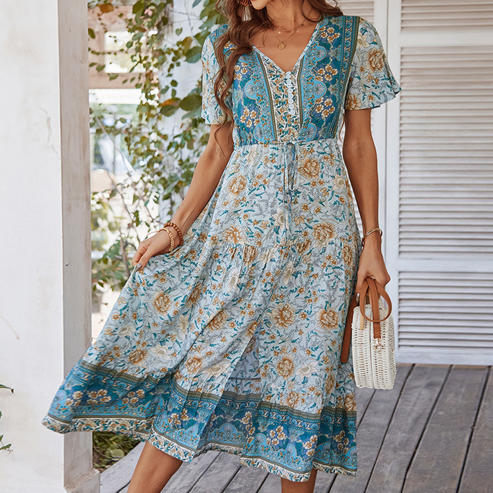 Women Short Sleeve Dress Spring Summer New Print Long Skirt Boho Style V Neck Dresses for Women Casual Summer Spring Dress Long Short for Women Short Dresses for Women Casual Long Sleeve