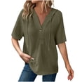 thumbnail image 1 of Women Short Sleeve Hooded Summer Top Waffle Knit Tee Shirts Drawstring Hoodies Button V Neck Blouse, 1 of 8
