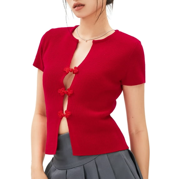 Women Short Sleeve Knit Crop Tops V-Neck Front Buckles Casual T-Shirts Summer Streetwear Aesthetic Clothes