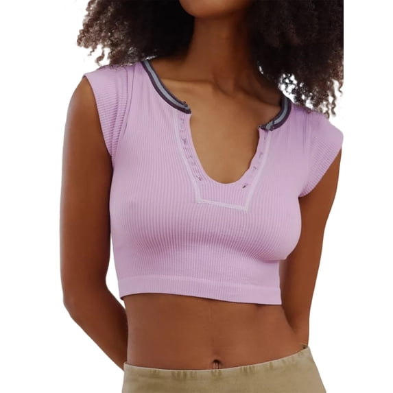 Women Short Sleeve Knit Ribbed Baby Crop Top Crew Neck Buttons Slim Fit Teen Basic Tee Shirts