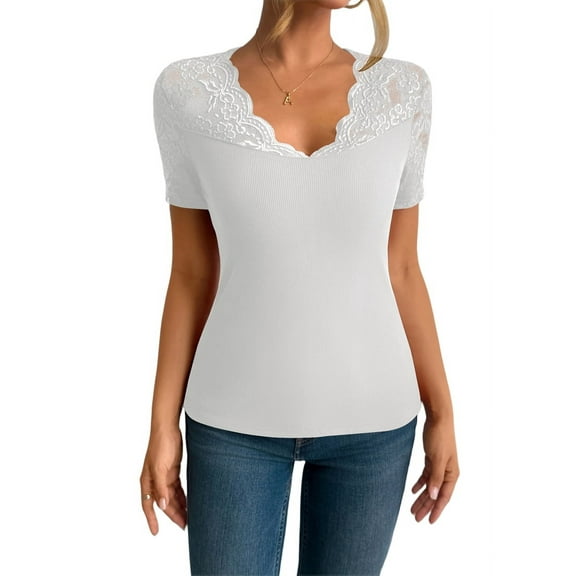 Women Short Sleeve Lace V Neck Shirts Ribbed Knit Fitted Basic Tee Tops Business Dressy Casual Summer White XXL
