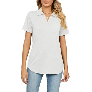Women Short Sleeve Lapel Neck Solid T Shirt Tops