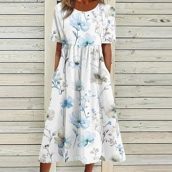 Women Short Sleeve Loose Floral Print Maxi Dresses Casual Long Dresses