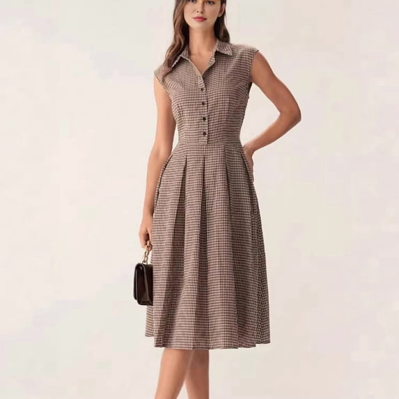 Women Short Sleeve Midi Dress Casual Button Down Striped Waist Shirt Dresses Brown L