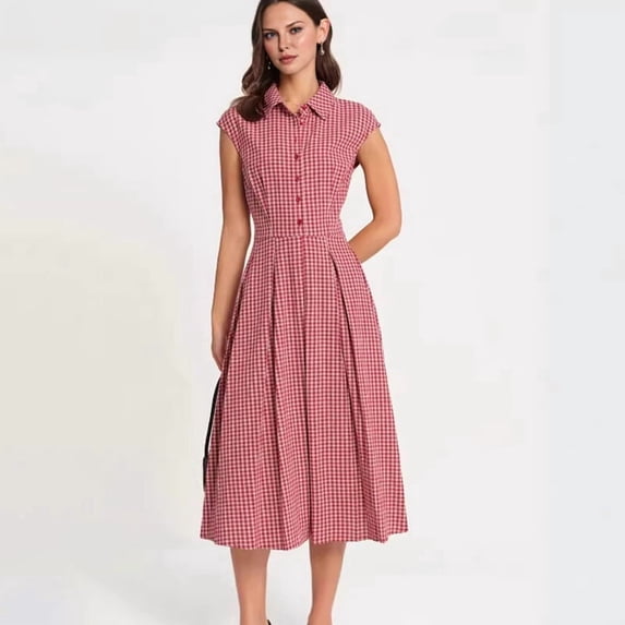 Women Short Sleeve Midi Dress Casual Button Down Striped Waist Shirt Dresses Pink L