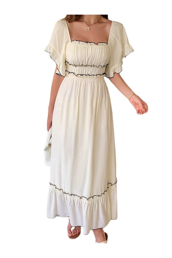 Women Short Sleeve Midi Dress Square Neck Contrast Color Casual Rick Rack Smocked Dresses XL