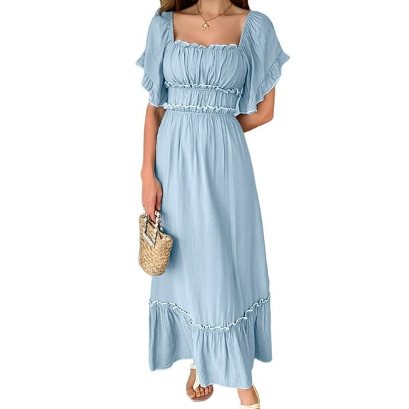 Women Short Sleeve Midi Dress Square Neck Contrast Color Casual Rick Rack Smocked Dresses Blue XL