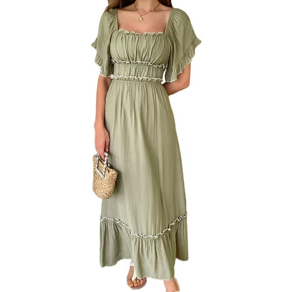 Women Short Sleeve Midi Dress Square Neck Contrast Color Casual Rick Rack Smocked Dresses Green XL